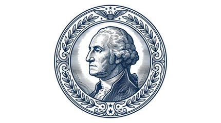 Engraved illustration of George Washington profile portrait inside a decorative circular frame. © Kapal