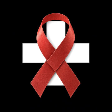 Bright red awareness ribbon beautifully tied in a loop over white cross design