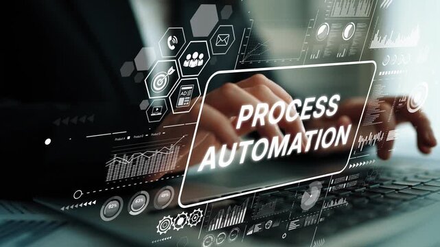 Futuristic Concept of Process Automation with Digital Interface and Data Visualization on Laptop Screen. Asymptotic smart data analytic.