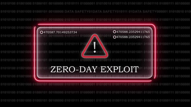 Cybersecurity warning alert featuring a red neon zero-day exploit notification box over a scrolling binary code background, representing digital threat detection, data breach risks, and network