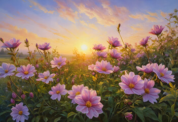 Obraz premium Oil painting of blooming pink flowers at sunrise in nature
