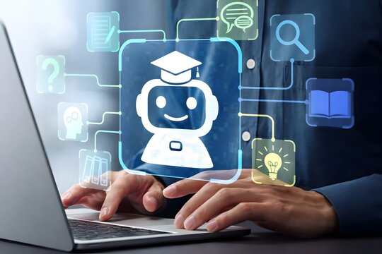 AI-powered teaching solutions. Intelligent tutoring systems and personalized learning. Man using laptop computer to learn with artificial intelligence tutor.