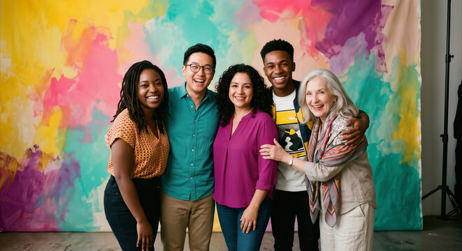 Diverse group smiling together, embracing in front of vibrant abstract background, representing community and inclusion.