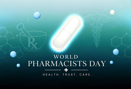 Celebrate world pharmacists day with glowing capsule and medical symbols in creative design