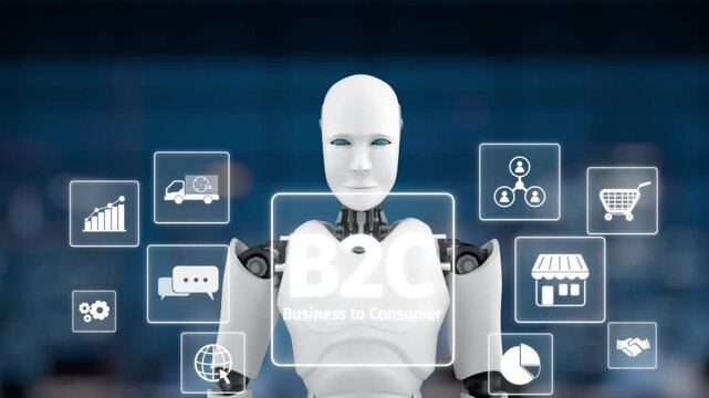 A sophisticated robot symbolizes the integration of technology in business to consumer strategies. It showcases various digital marketing icons and concepts in a modern setting. Synapse