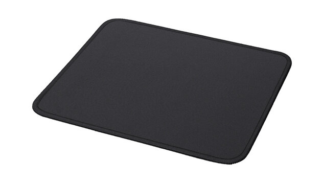 A rectangular black computer mouse pad with stitched edges, isolated on a white background.