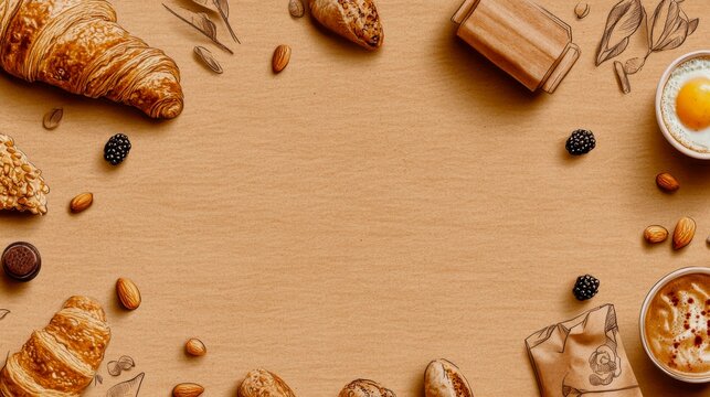 pattern that mimics the look of hand-drawn pencil sketches on kraft paper. The pattern features loose, expressive sketches of various breakfast items