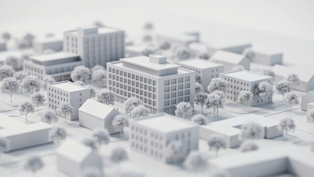 Miniature model of a small town with many buildings and trees in a top view