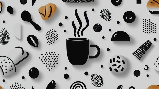 A bold, graphic, and stylish seamless pattern using only black and white. The pattern features high-contrast, graphic illustrations of breakfast items