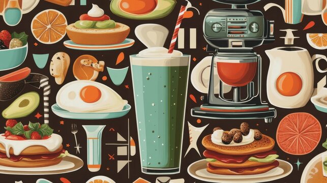 A fun, groovy seamless pattern inspired by the 1970s, featuring breakfast foods popular in that era