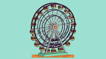 Flat Vector Illustration of a Ferris Wheel with Teal and Orange Gondolas on a Mint Green Background, Simple Graphic Design, Amusement Park Icon © Ari