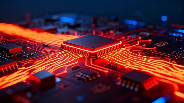 Circuit board with glowing red lines