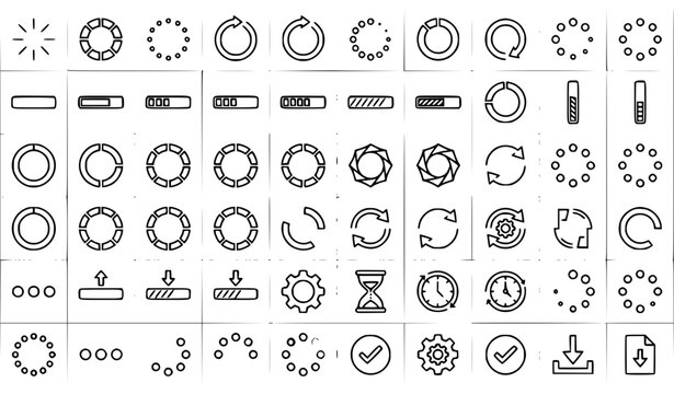 Loading Progress and Preloader Line Icon Set with Status Bars, Circular Buffering Spinners, Hourglass, and Download Symbols for User Interface Design