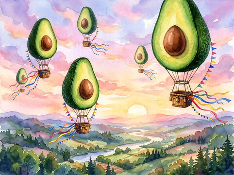 Avocado hot air balloons flying over beautiful landscape with sunrise in watercolor illustration style international youth day celebration.