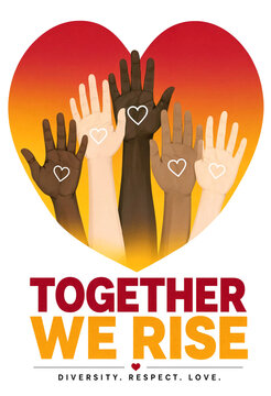 Colorful illustration of diverse hands raised together in unity with hearts and inspiring message
