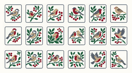 Flat Vector Icons of Birds on Branches with Berries, Set of 18 Diverse Illustrations, Winter Nature Theme, Graphic Resource Collection © Ari