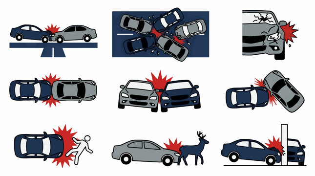 Flat Vector Icons of Car Accidents: Head-on Collision, Rear-end Crash, Multi-Car Pile-up, Deer Strike, Pole Impact, Pedestrian Hit, and Rollover