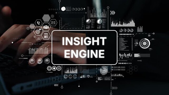 Hands Typing on Laptop with Statistical Data Visualizations and Insight Engine Text Overlay. Asymptotic smart data analytic.