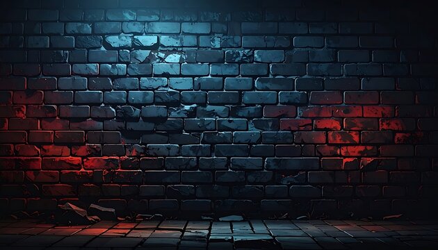 Dark brick wall with dramatic red and blue neon lights illuminating the textured surface, creating a gritty urban atmosphere, perfect for backgrounds and dramatic scenes