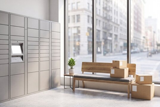 Modern Parcel Locker Station with Cardboard Packages in a Bright Lobby