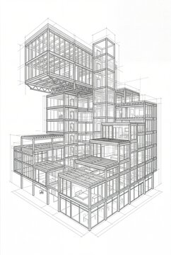 Architectural Wireframe Blueprint of Modern Modular Building Design
