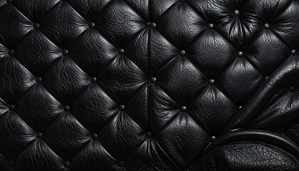 Fototapeta premium Deep black tufted upholstery texture with shiny surface, subtle reflections, and button details, luxurious and rich interior design element