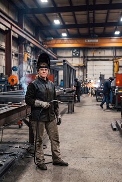 Female Welder in Protective Gear Working in Industrial Manufacturing Facility