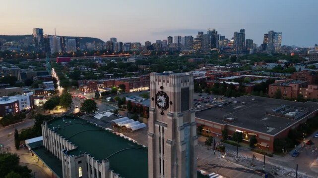 Aerial twilight view of Atwater Market and Montreal skyline, Quebec, Canada at blue hour. g.