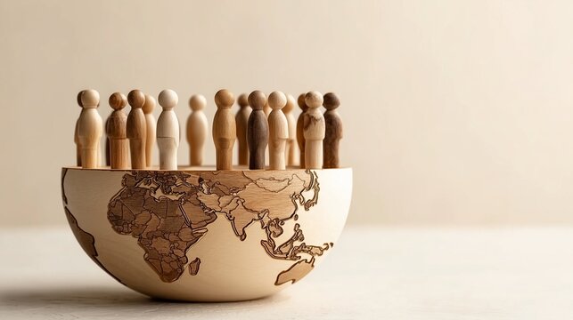 Wooden figures gathered in a world map bowl symbolizing humanity and global growth on World Population Day