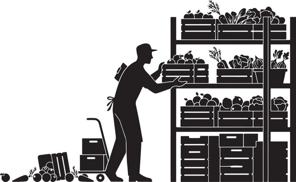 Silhouette of a man stocking a shelf with plants and crates