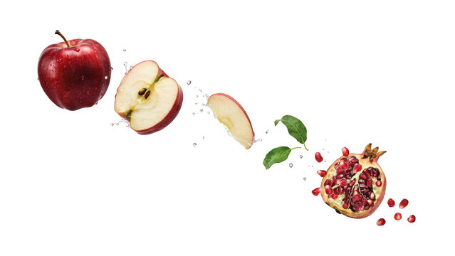 A red apple, sliced apple pieces, and a halved pomegranate with green leaves floating with milk splashes against a solid black background