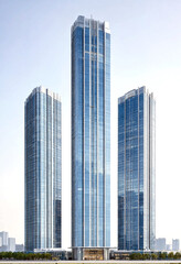 Fototapeta premium Modern glass skyscrapers standing tall in a bustling urban skyline with sleek architectural design and reflections