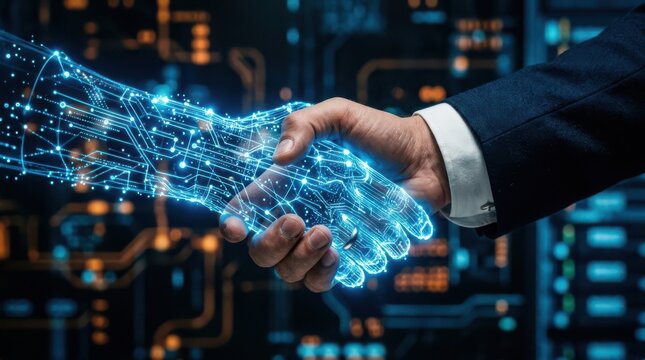Artificial intelligence partnership human handshake with digital robotic hand technology concept