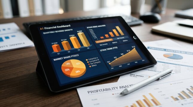 Financial data analysis on tablet revenue growth market share and stock trend visualization