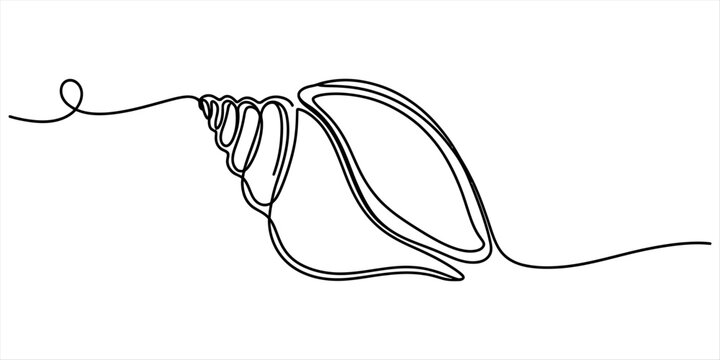 Seashell drawn in a continuous single line art style simple minimalist graphic design of a seashell icon for decoration and creative beach theme projects