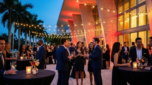 Elegant outdoor cocktail reception at a modern architectural venue during twilight featuring diverse attendees