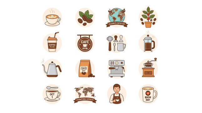 A collection of various coffee related items and kitchen utensils on a table indoors.