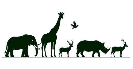 Obraz premium Silhouette collection of wild animals including elephant giraffe rhino and deer standing together