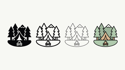 Camping tent and campfire set in four different styles including solid glyph, bold outline, and flat color © Rakibul