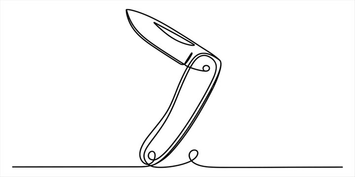 Continuous single line drawing of a folding pocket knife tool for camping and survival isolated on a simple artistic minimalist graphic design style