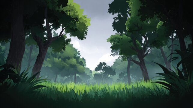 Serene Anime Style Forest Clearing with Lush Green Grass and Misty Trees