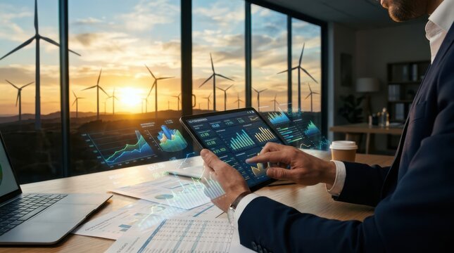 Executive analyzes renewable energy investments with data visualization on digital tablet overlooking wind farm