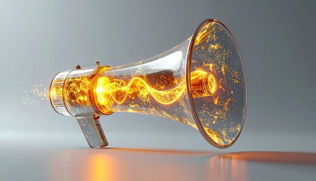 Creative marketing concept, crystal clear loudspeaker with exploding golden glitter and energy wave
