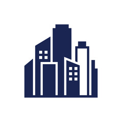 Obraz premium Stylized city skyline silhouette with modern skyscrapers and windows, dark blue geometric building complex, urban landscape symbol