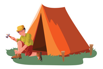 Man pitching tent with hammer on grass outdoor recreation © vectorclans