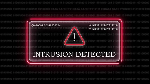 Digital cyber security alert featuring an intrusion detected warning sign with glowing red neon frame and binary code background, for advanced network, protection and information, technology concepts