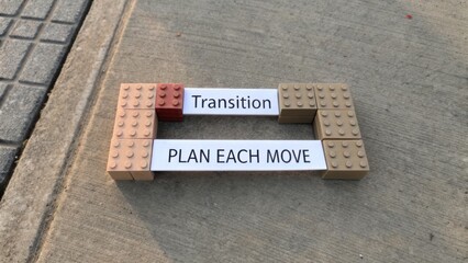 Obraz premium Creative Lego Structure for Transition Planning and Strategy Execution with Labels on a Sidewalk Background