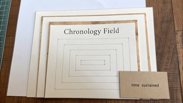 Detailed artistic representation of a Chronology Field concept with layered paper design and thoughtful text elements
