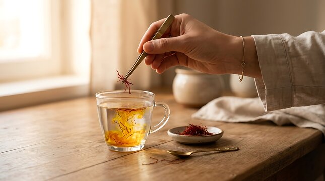 Close-up of a hand placing saffron threads into a glass of hot water to brew herbal tea on a wooden table