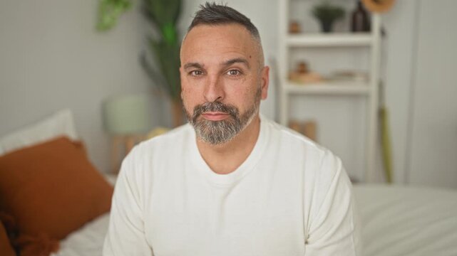 Man seated on bed smiling at camera in a building bedroom, beard visible and relaxed posture beside pillows; contentment home.